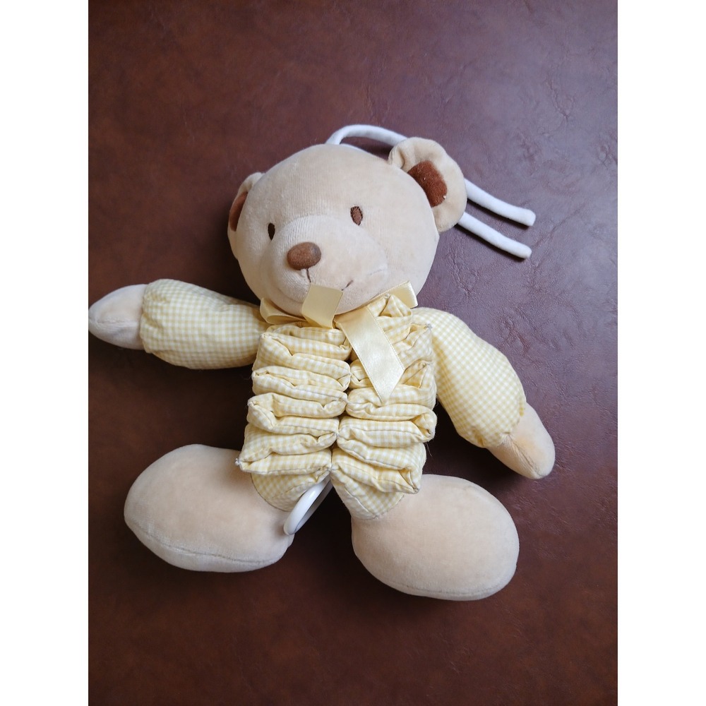 Carters Just One Year Musical Pull Down Teddy Bear Yellow Gingham Plush Toy